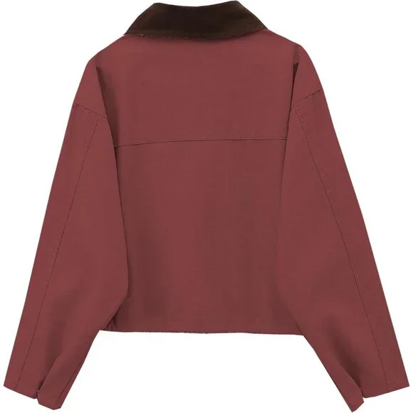 Women's Red Cropped Contrast Collar Utility Coat Cargo Jacket Imported - Picture 4 of 6